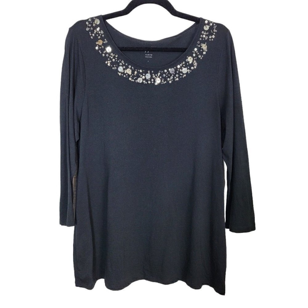 J. Jill Sz Large Embellished Black Gilded Tee Shirt Pima Cotton Modal Mature